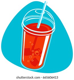 Plastic cup with red soft drink, ice, round cap and straw. Isolated. On green background.