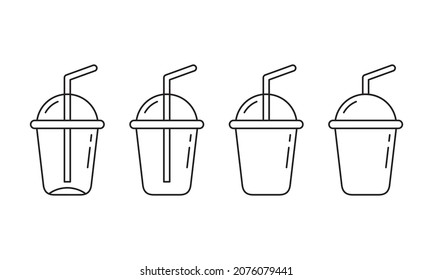 Plastic cup with round lid and straw. Linear icons set. Outline simple vector of clear glass for drinks, smoothie or juice. Contour isolated pictogram on white background