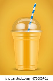 Plastic cup with smoothie and tube on color background. Presentation Poster for milkshake and lemonade and smoothie. Orange color. Vector Illustration.