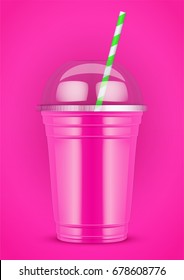 Plastic cup with smoothie and tube on color background. Presentation Poster for milkshake and lemonade and smoothie. Rose color. Vector Illustration.