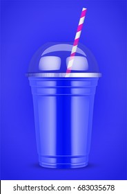 Plastic cup with smoothie and tube on color background. Presentation Poster for milkshake and lemonade and smoothie. Blue color. Vector Illustration.
