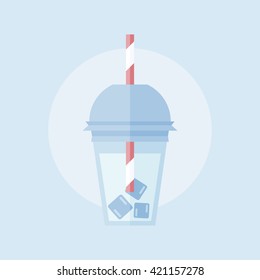 Plastic cup with soda or cold water with drinking straw. Glass of water with ice flat icon. Vector illustration.