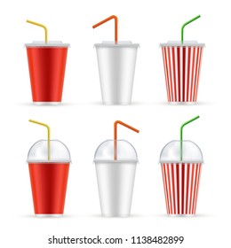 Plastic cup for soda water realistic set. Carbonated water, drinks or fruit juice containers with a straw, summer cold refreshment. Vector illustration plastic cups on white background