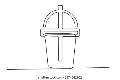 A plastic cup with staw. Continuous one line drawing