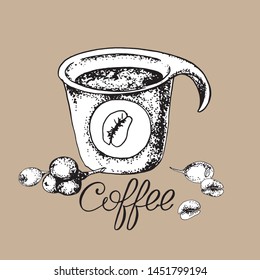 Plastic cup with a sticker filled with coffee, coffee beans, berries, the inscription, painted on paper by hand. Graphics on a brown background.