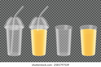 Plastic cup straw clear empty and filled with juice on transparent background