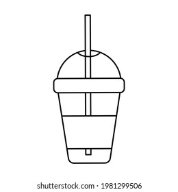Plastic cup with a straw for cold drinks. Disposable takeaway cup. Vector line icon. Editable stroke. Doodle style