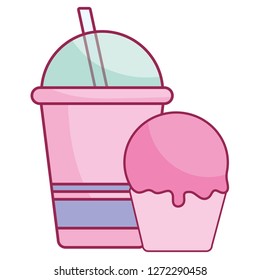 plastic cup with straw and cupcake