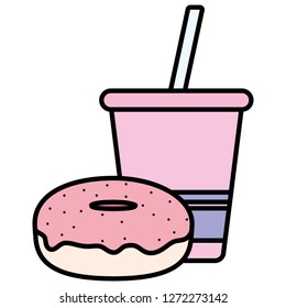 plastic cup with straw and donut