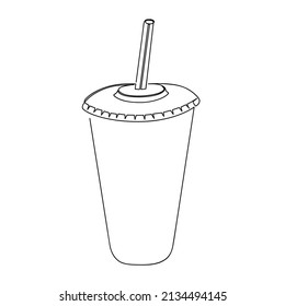 Plastic cup with straw. Isolated line art