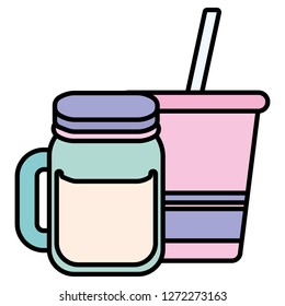 plastic cup with straw and jar