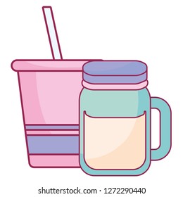 plastic cup with straw and jar
