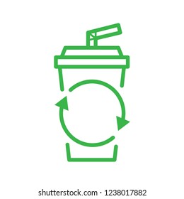 Plastic cup and straw. Reduce plastic use, campaign. Line vector. Isolate on white background.