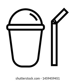 Plastic cup and straw. Stroke outline style. Vector. Isolate on white background.