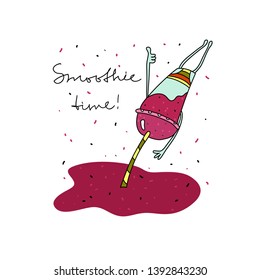 A plastic cup in a striped bathing suit jumps into a berry smoothie and shows a thumbs up from the delight of the taste of the drink. Summer vegetarian banner, poster, design element. Vector.