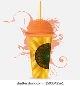 Plastic cup with a sunflower. Summer cocktail. Vector art