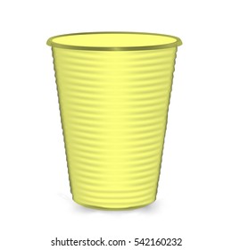 Plastic Cup. Yellow Colour. Isolated On White Background. Mock Up For Your Design.  Vector Illustration