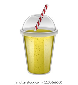 Plastic cup yellow smoothie mockup. Realistic illustration of plastic cup yellow smoothie vector mockup for web design isolated on white background