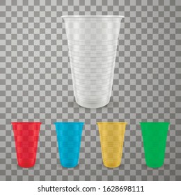 Plastic cups, blank takeaway drink containers vector realistic illustrations set. 3D colorful disposable cups pack. Empty plastic tableware collection isolated on transparent background