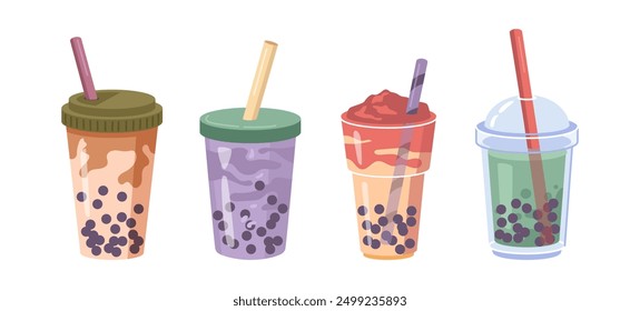 Plastic cups with boba bubble tea beverage with fruit tropical flavor. Vector isolated set of tasty organic drinks served in cafe or restaurant. Cocktail with ice for summertime, traditional flavor