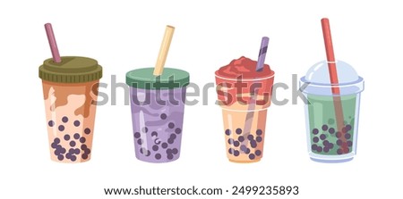 Plastic cups with boba bubble tea beverage with fruit tropical flavor. Vector isolated set of tasty organic drinks served in cafe or restaurant. Cocktail with ice for summertime, traditional flavor