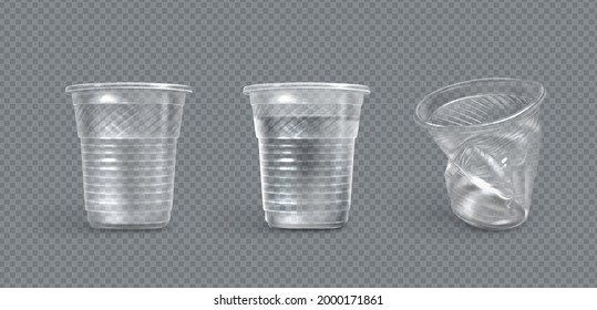 Plastic cups, crumpled and full of water disposable mugs isolated on transparent background. Crumple trash, used empty container for beverages, pollution concept, Realistic 3d vector illustration