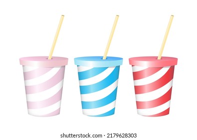 Plastic cups isolated on white background. Bright striped cups with a drink. Vector illustration.