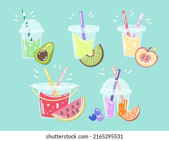 Plastic cups with smoothies vector illustrations set. Different natural flavors of juices or fruit drinks, kiwi, watermelon, orange isolated on blue background. Summer, beverage concept