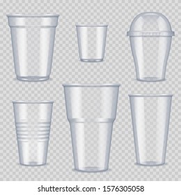 Plastic cups. Transparent empty vessel for beverage food and drinks template of plastic cups vector realistic pictures svg
