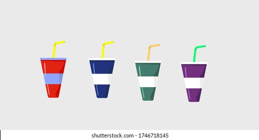 Plastikbecher mit Röhren. Rot, Blau, Grün und Violett. 