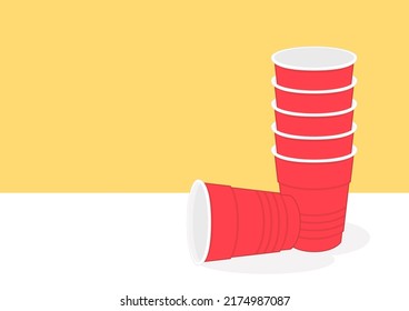 Plastic cups vector. Red Beer Pong plastic cups with ball. Traditional drinking game vector illustration.