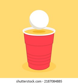 Plastic cups vector. Red Beer Pong plastic cups with ball. Traditional drinking game vector illustration.