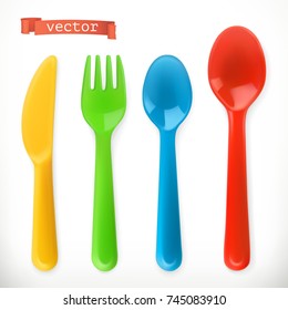 Plastic cutlery. Kids food. 3d realistic vector icon set.