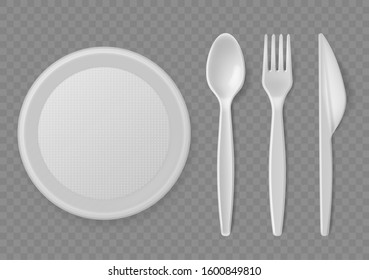 Plastic cutlery. Realistic disposable serving kitchen utensil, plate and spoon, fork and knife, picnic tableware. Kitchenware clean product food tools vector set