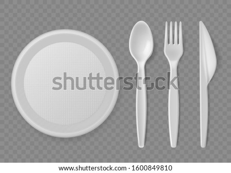 Plastic cutlery. Realistic disposable serving kitchen utensil, plate and spoon, fork and knife, picnic tableware. Kitchenware clean product food tools vector set