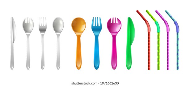 Plastic cutlery and straws. Drink straw, colorful reusable fork knife spoon. Cafe restaurant bar equipment, isolated realistic kitchen tools vector set