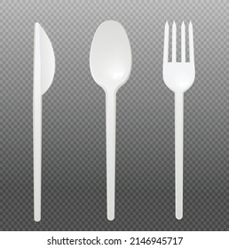 Plastic cutlery, vector disposable fork, knife and spoon. Realistic plastic kitchen utensil, serving set for fast food or takeaway. Kitchenware illustration isolated on transparent background.