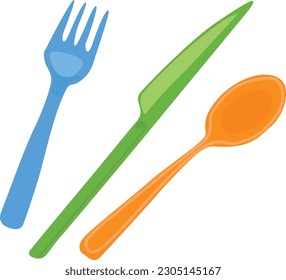 Plastic cutlery vector set. Colorful spoon, fork and knife vector illustration.  Flat vector in cartoon style isolated on white background.