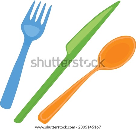 Plastic cutlery vector set. Colorful spoon, fork and knife vector illustration.  Flat vector in cartoon style isolated on white background.