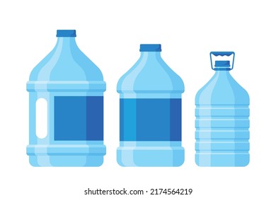 Plastic Cylinders Or Bottles With Lids, Handles and Labels For Clean Water And Drinks. Plastic Packaging For Beverages, Mineral Water Isolated Elements On White Background. Cartoon Vector Illustration