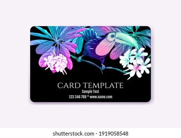 Débito o crédito plástico, pase, descuento, plantilla de tarjeta de membresía con plantas tropicales y pájaros de color neón sobre fondo negro. Ilustración vectorial.