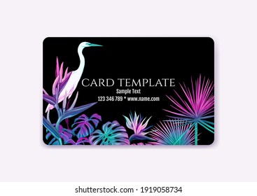 Plastic debit or credit, pass, discount, membership card template with tropical plants and birds in neon color on black background. Vector illustration.