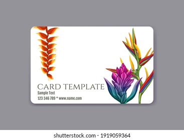 Plastic debit or credit, pass, discount, membership card template with tropical plants in natural color on white background. Vector illustration.