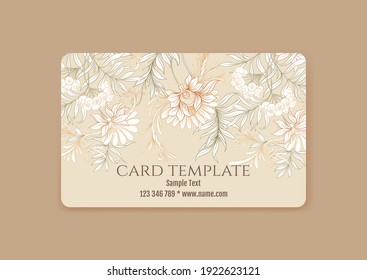 Plastic debit or credit, pass, discount, membership card template with decorative flowers in art nouveau style, vintage, old, retro style. Vector illustration.