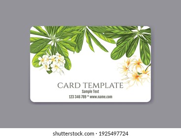 Plastic debit or credit, pass, discount, membership card template with tropical plants in natural color on white background. Vector illustration.