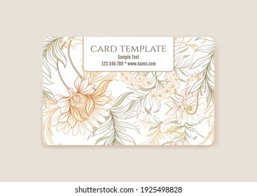 Plastic debit or credit, pass, discount, membership card template with decorative flowers in art nouveau style, vintage, old, retro style. Vector illustration.