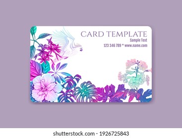 Plastic debit or credit, pass, discount, membership card template with tropical plants and birds in neon color on white background. Vector illustration.