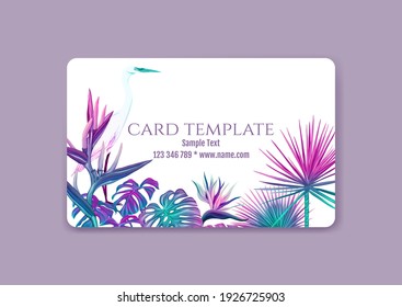 Plastikdebit oder Kredit, Pass, Rabatt, Mitgliedskartenvorlage mit tropischen Pflanzen und Vögeln in Neonfarbe auf weißem Hintergrund. Vektorgrafik.