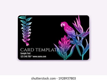 Plastic debit or credit, pass, discount, membership card template with tropical plants and birds in neon color on black background. Vector illustration.