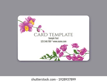 Plastic debit or credit, pass, discount, membership card template with tropical plants in natural color on white background. Vector illustration.